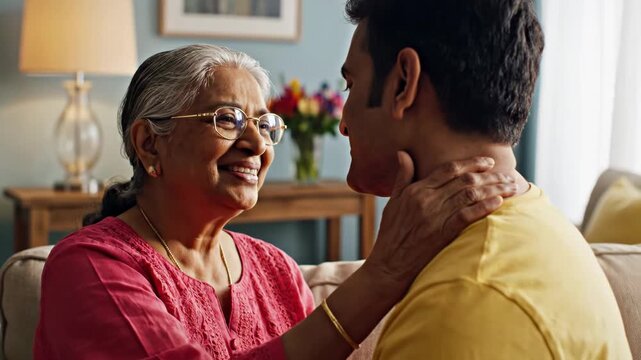 Smiling elderly indian mother lovingly touches the neck of her adult son while they share a warm moment indoors at home