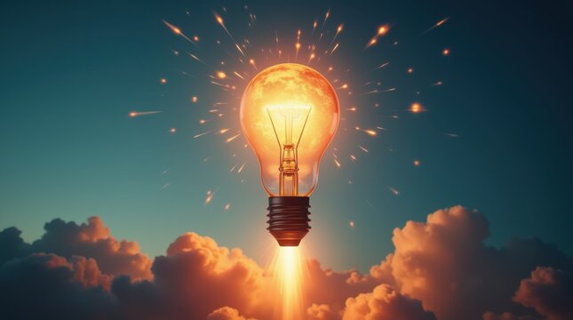 Conceptual image of a light bulb with rocket flames blasting off into the sky, symbolizing innovation, progress, and imagination 
