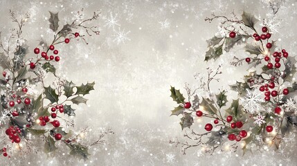 Winter wonderland border with holly leaves, twinkling lights, and snowflakes on a soft gray background. .