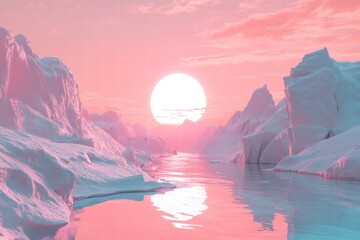 Pastel sunset over surreal valley with soft glowing cliffs