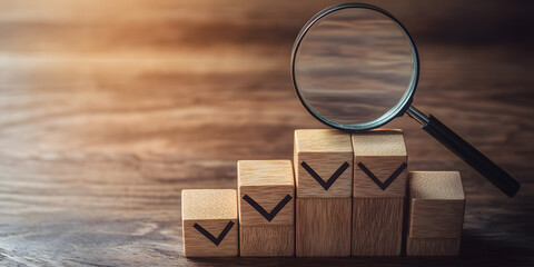 Confirmation mark under magnifying glass