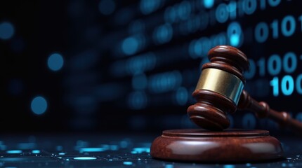 Digital law and cyber security concept with binary code gavel for online legal services and justice system 
