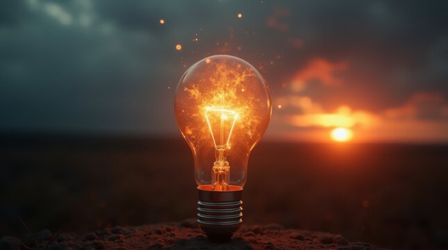 Conceptual image of a light bulb with rocket flames blasting off into the sky, symbolizing innovation, progress, and imagination 
