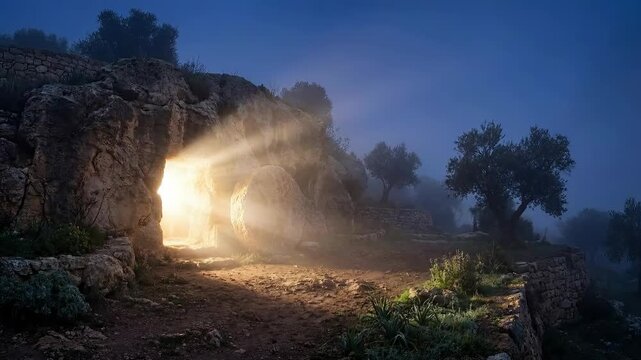 Resurrection of Jesus Christ: Empty Tomb with Rolled Stone and Divine Light from Within, Easter Background, Gospel of Matthew Chapter 28