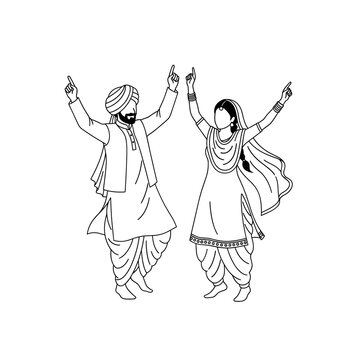 Indian couple dancing in traditional attire, celebrating cultural festival joyfully