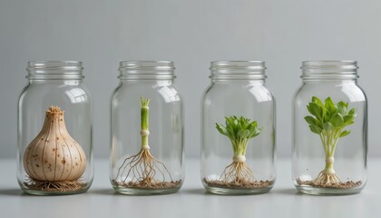 Series of four glass jars showing the progression of a bulb sprouting over days—dry bulb