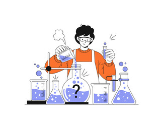 Chemist in safety goggles conducts an experiment, pouring liquid in laboratory