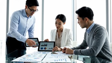 Group of asian business people analyzing financial data with charts and graphs on digital tablets and paper documents during a strategy meeting in a modern office with large windows - Powered by Adobe
