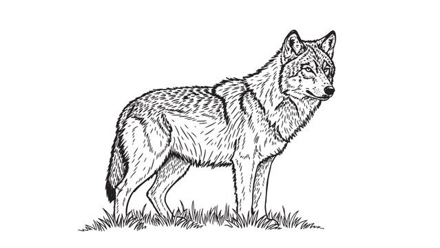 black and white wolf standing in grass clip art preview