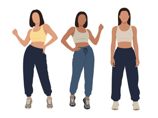 Fototapeta premium Flat vector set featuring fashionable sporty women in stylish activewear poses, ideal for modern workout visuals and lifestyle branding designs