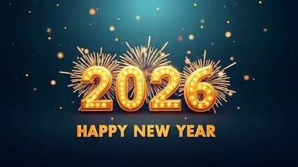 shimmering happy new year 2026 with golden fireworks burst