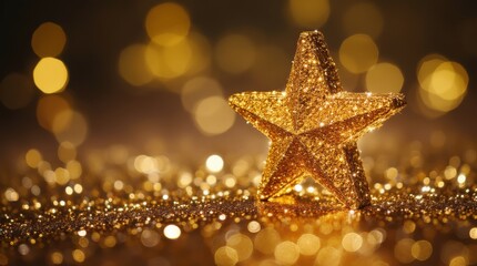 Golden glitter star on shimmering surface with festive bokeh lights 
