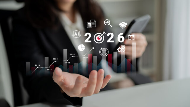 Bar graphs, charts, and number 2026 with AI and data analysis icons symbolizing future business innovation and analytics Parse