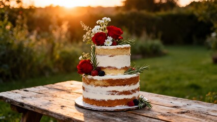 A wedding cake with red roses and white flowers on the table. Generative AI