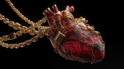 Digital human heart wrapped in gold chains and circuits against black background