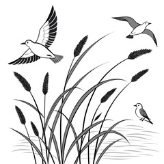 Stylized black and white illustration of birds flying and perched near reeds and water