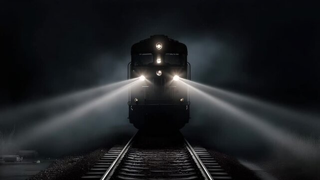 The Headlight of a Locomotive on the Tracks at Night
