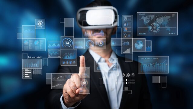 A professional engages with interactive data displays through a virtual reality headset, showcasing modern technology and innovative data presentation in an office setting. Raster - Powered by Adobe