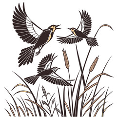 Three stylized birds in flight with wings spread above tall grasses and wheat stalks