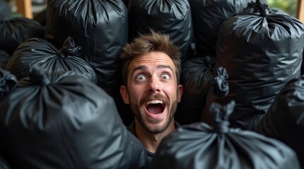 man with surprised expression is surrounded by numerous black trash bags, creating humorous and chaotic scene. bags are piled around his head, emphasizing cluttered and overwhelmed feeling