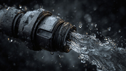 Water gushing powerfully from a metallic pipe, showing the energy and flow of the element 