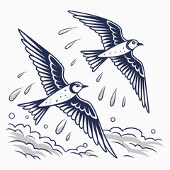 Two stylized birds in flight with rain drops and stylized clouds in a graphic art style