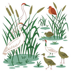Obraz premium Diverse collection of wading birds and waterfowl gathered in a marshy wetland habitat with cattails and reeds