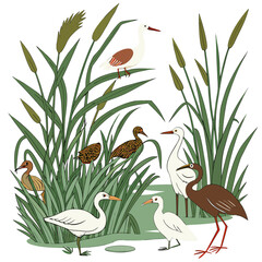 Obraz premium A charming illustration of various wetland birds standing amidst tall green reeds and cattails