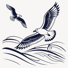 Two stylized seagulls in flight above abstract ocean waves in a graphic design style
