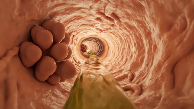 The cystic duct opening, with bile moving smoothly through a narrow passage toward the bile ducts, valve-like structures guide flow direction, opening and closing rhythmically