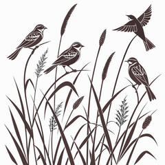 Stylized silhouette of small brown birds perched on and flying amongst tall reeds and grasses