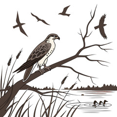 Osprey perched on a branch overlooking a lake with ducks and other birds flying in the sky