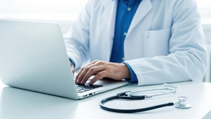 Healthcare professional in white coat typing on laptop with stethoscope on desk.