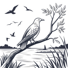 Detailed illustration of a single bird perched on a tree branch overlooking a serene lake with flying birds above