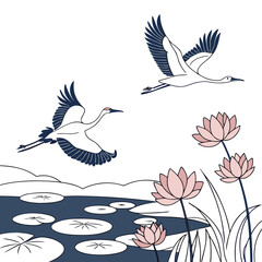 Obraz premium Elegant cranes gracefully flying over a serene pond with blooming lotus flowers and lily pads