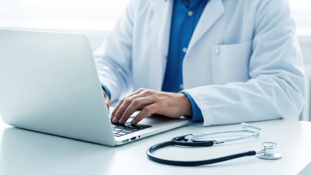 Healthcare professional in white coat typing on laptop with stethoscope on desk.