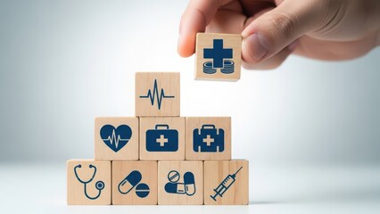 Hand placing medical cross and money icon cube on healthcare service and insurance stack