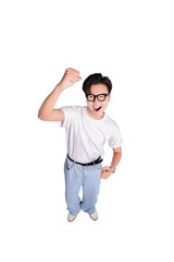 Fototapeta premium Ecstatic Moment of Triumph: An enthusiastic individual, filled with joy and excitement, celebrates a moment of success and accomplishment.