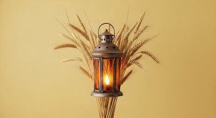 Rustic lantern with wheat stalks creating a warm and inviting autumn harvest season decoration