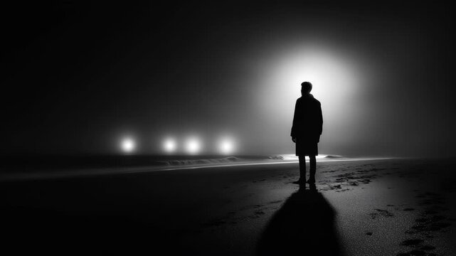 A solitary figure stands on a beach, illuminated by a distant, bright light in the night.