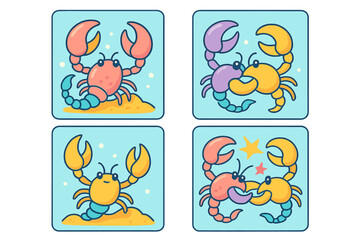 Colorful cartoon crabs enjoying activities on a sandy ocean floor in a cheerful underwater scene