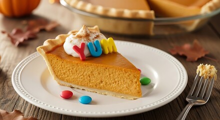 Slice of pumpkin pie with whipped cream and the word yum on a white plate on a wooden table