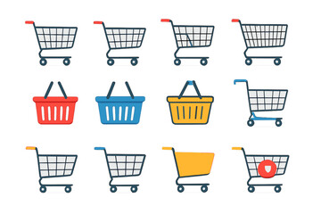 Variety of shopping carts and baskets in different colors and designs arranged in a grid layout for shopping experience representation