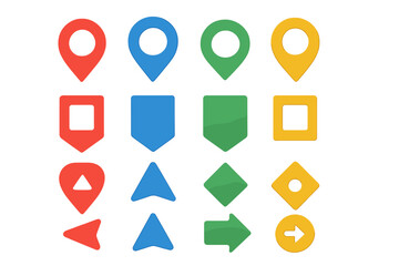 Colorful geometric shapes and location markers for gaming or educational purposes displayed on a white background