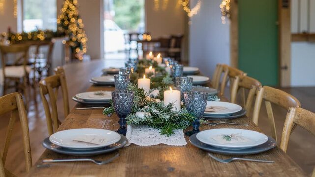 Elegant holiday table setting with a festive evergreen centerpiece and lit candles on a long wooden table.