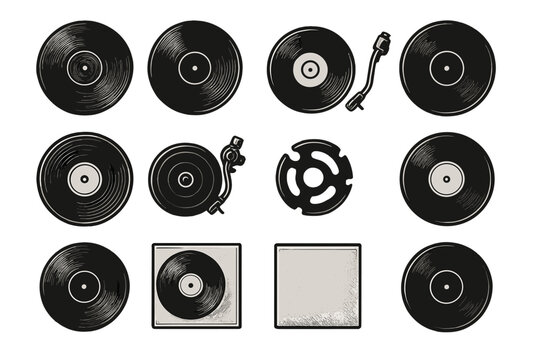 Vinyl records and turntable parts arranged in a striking vintage design on a simple background