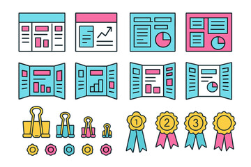 Colorful charts and awards design for presentations or reports showing data analysis and achievement recognition