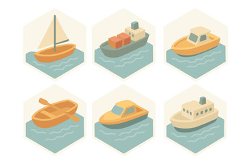 Various types of boats floating on calm water in a serene environment showcasing different designs and purposes