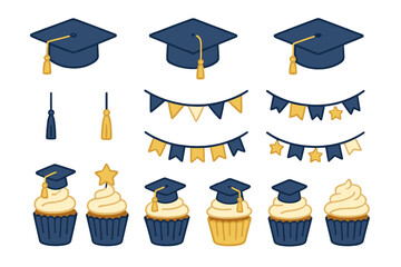 Graduation celebration decorations with caps, cupcakes, and banners in blue and gold colors