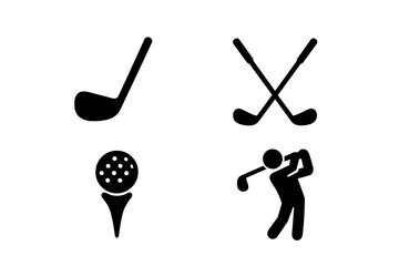 Golf equipment and golfer silhouette showing the sport's essential elements and actions in a simple design